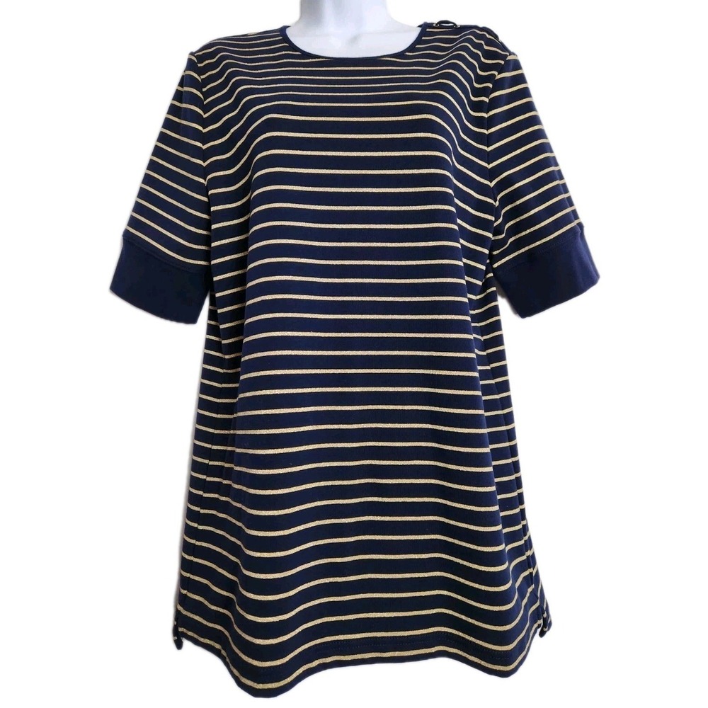 Lauren Ralph Lauren Womens XL Navy Gold Metallic Stripe Lace Up Shoulder Top 1X